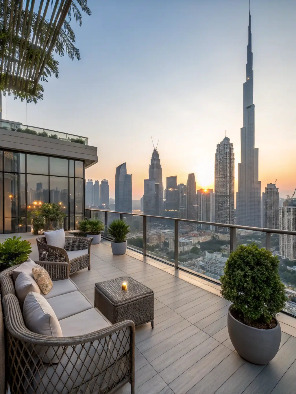A private terrace of a penthouse suite, furnished with comfortable seating and offering panoramic views of the city skyline, emphasizing the exclusive amenities and luxurious lifestyle at Enwan Residance.