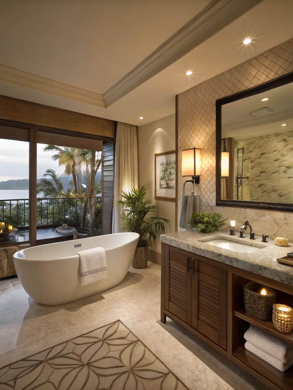 A luxurious bathroom in a residence, featuring a soaking tub, walk-in shower, and high-end fixtures, showcasing the attention to detail and commitment to quality at Enwan Residance.