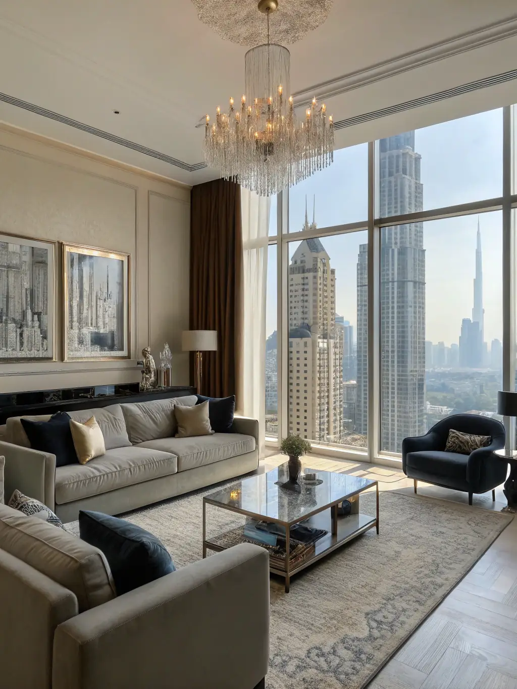 A modern, sun-lit living room in a luxury apartment, featuring high-end furniture and a large window with city views, showcasing the spacious layout and elegant design of Enwan Residance.