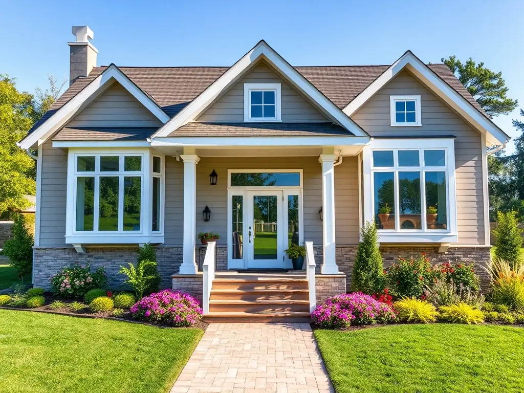 A modern family home in Enwan Residance, featuring a well-manicured lawn, a spacious backyard, and a welcoming front porch.