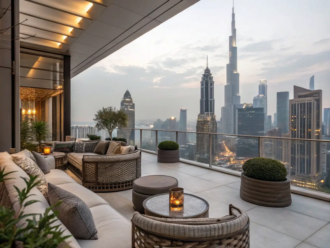 A stunning penthouse suite at Enwan Residance, showcasing a private terrace, panoramic city views, and luxurious outdoor furniture.