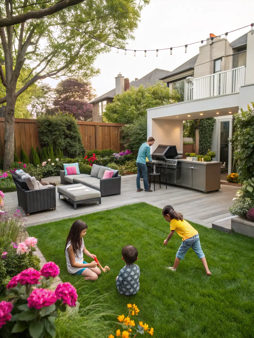A beautifully landscaped outdoor barbecue and picnic area with modern grills and comfortable seating, promoting the outdoor living and entertainment options at Enwan Residance.