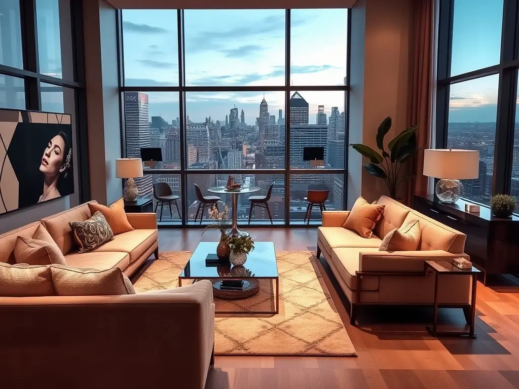 A beautifully staged living room in a luxury apartment at Enwan Residance, featuring modern furniture, large windows with city views, and elegant decor.